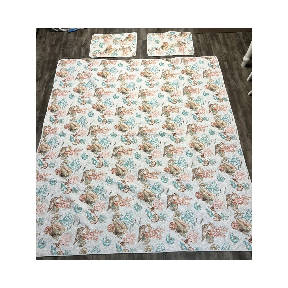 Nicole Miller Quilt Set King Coastal Seashell Coral Starfish White Teal Orange